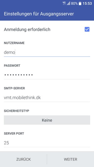 Geben Sie die Server-Adresse für ausgehende Post ein