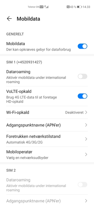 Scroll til SIM 1 eller SIM 2 og vælg Adgangspunktnavne (APN'er)