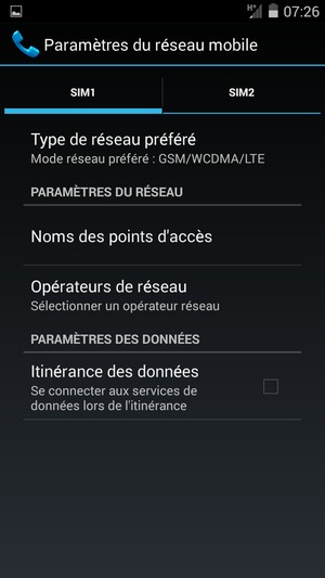 Sélectionnez SIM1 ou SIM2 et sélectionnez Noms des points d'accès