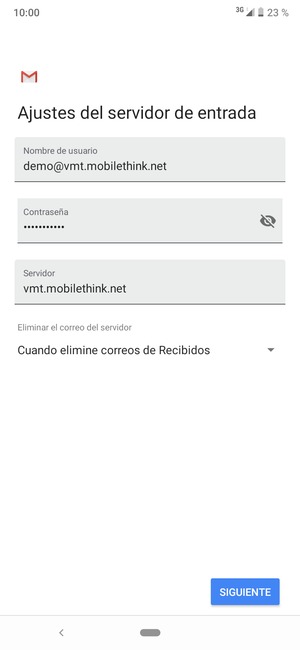 Introduzca Nombre de usuario y la dirección de servidor entrante. Seleccione SIGUIENTE