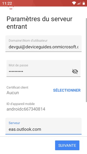 Saisissez votre mot de passe et l'adresse du serveur Exchange. Sélectionnez SUIVANTE