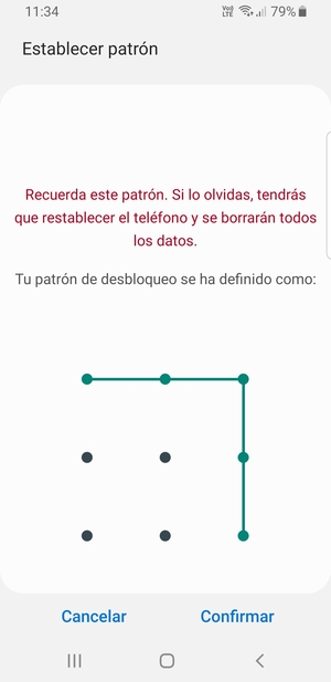 Dibuje de nuevo el patrón de desbloqueo y seleccione Confirmar