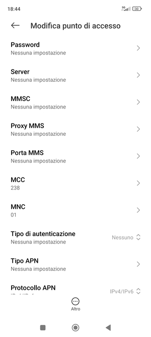 Scorri verso il basso e inserisci le informazioni di internet