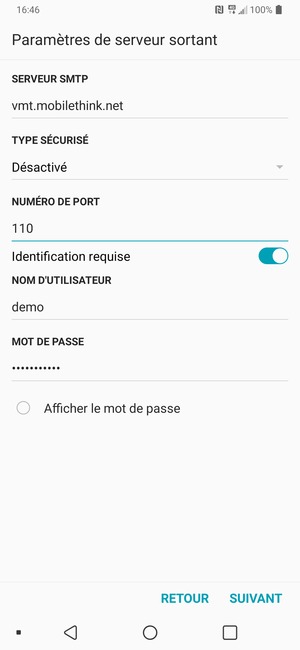 Saisissez l'adresse du serveur sortant
