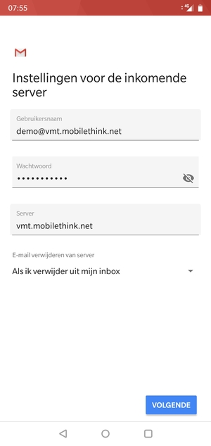 Voer Gebruikersnaam en binnenkomend serveradres in. Selecteer VOLGENDE