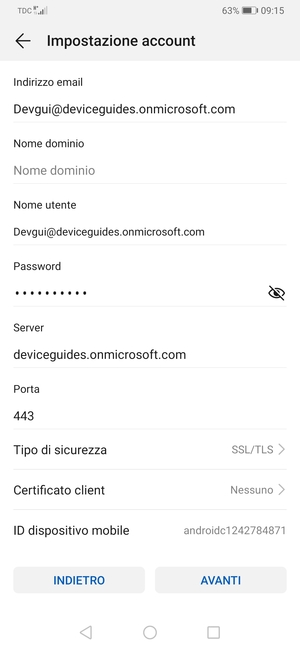 Inserisci l'indirizzo del server Exchange e seleziona AVANTI