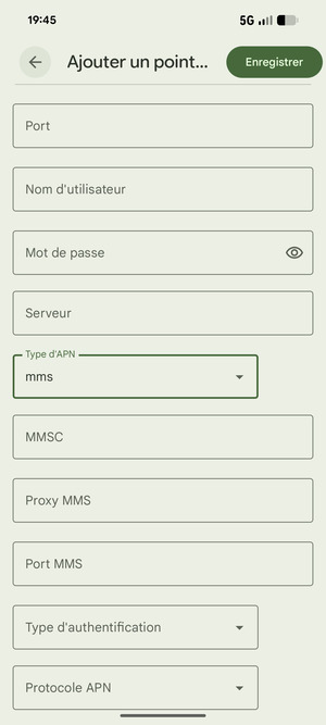 Faites défiler vers le bas et saisissez les informations MMS