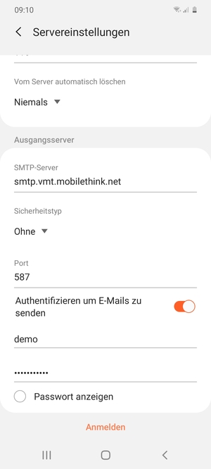Scrollen Sie nach unten und geben Sie die Server-Adresse für ausgehende Post ein