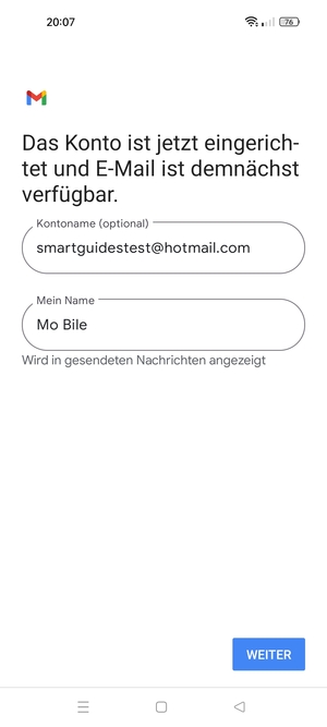 Geben Sie Ihrem Konto einen Namen und geben Sie Ihren Namen ein. Wählen Sie WEITER