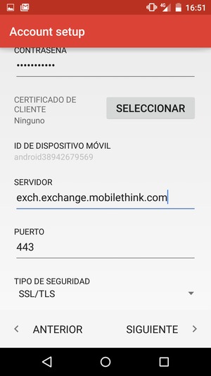 Desplácese hacia abajo e introduzca la dirección del servidor Exchange. Seleccione SIGUIENTE