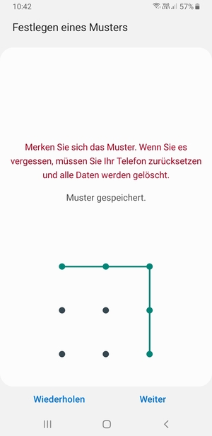 Zeichnen Sie ein Entsperrmuster und wählen Sie Weiter