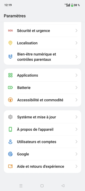 Faites défiler et sélectionnez Système et mise à jour