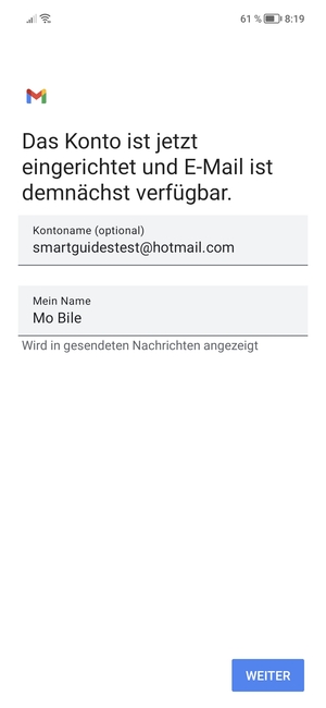 Geben Sie Ihrem Konto einen Namen und geben Sie Ihren Namen ein. Wählen Sie WEITER