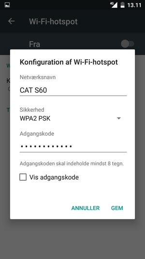 Indtast en Wi-Fi-hotspot adgangskode på minimum 8 tegn og vælg GEM