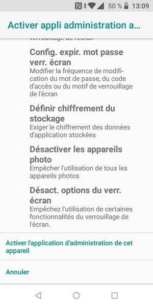 Faites défiler et sélectionnez Activer l'application d'administration de cet appareil