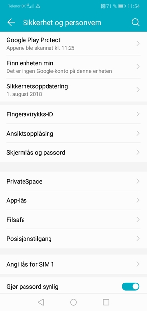 For å aktivere skjermlåsen, gå til Sikkerhet og personvern-menyen og velg Skjermlås og passord