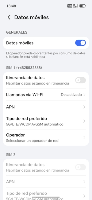 Desplácese a SIM 1 o SIM 2 y seleccione APN