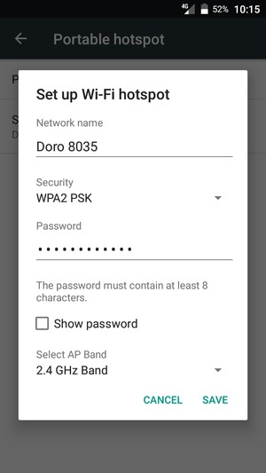 Enter a Wi-Fi hotspot password of at least 8 characters and select SAVE