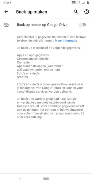 Schakel Back-up maken op Google Drive in