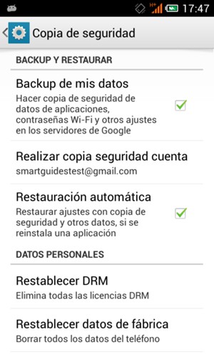 Seleccione Realizar copia seguridad cuenta