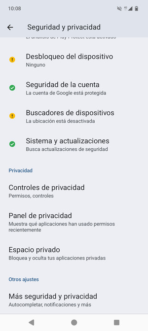 Desplácese y seleccione Más  seguridad y privacidad
