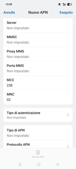 Scorri verso il basso e inserisci le informazioni di internet