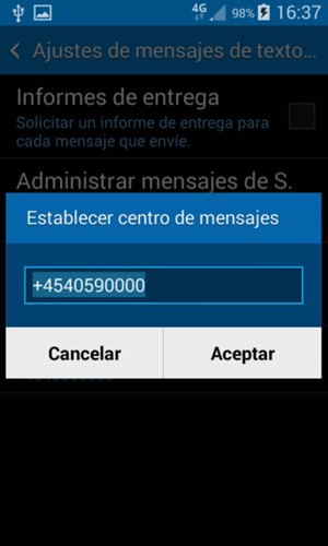Introduzca el número de Centro de mensajes y seleccione Aceptar