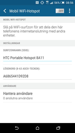 Ange ett lösenord bestående av minst 8 tecken och aktivera Mobil WiFi-Hotspot