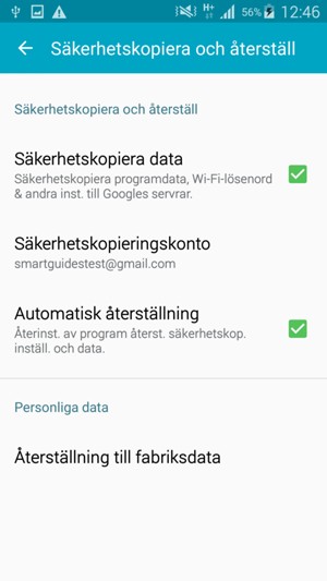 Aktivera Säkerhetskopiera data och välj Säkerhetskopieringskonto