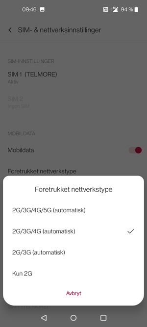 Velg ønsket alternativ