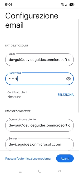 Inserisci Nome utente e l'indirizzo del server Exchange. Seleziona Avanti