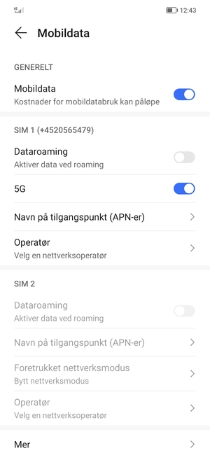 Bla til SIM 1 eller SIM 2 og velg Navn på tilgangspunkt (APN-er)