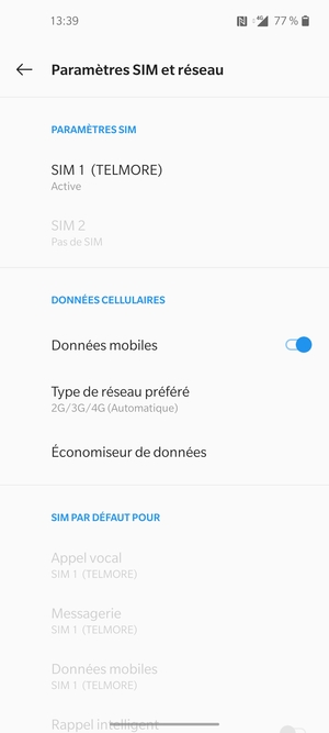 Sélectionnez SIM 1 ou SIM 2