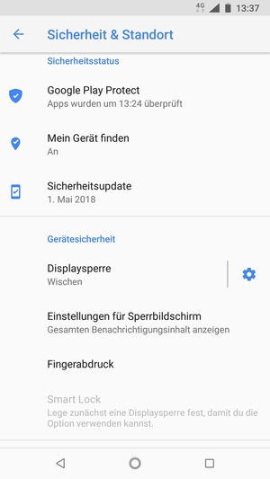 Um Ihre Bildschirmsperre zu aktivieren, gehen Sie zum Sicherheit & Standort Menü und wählen Sie  Displaysperre