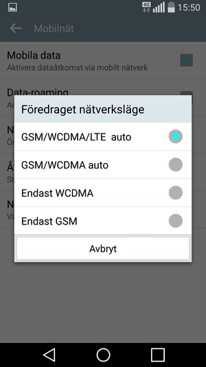 Välj Endast GSM för att aktivera 2G