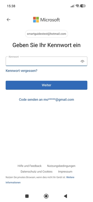 Geben Sie Ihre Hotmail Passwort ein und wählen Sie Weiter