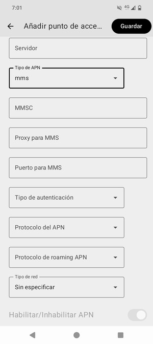 Desplácese hacia abajo e introduzca la información MMS
