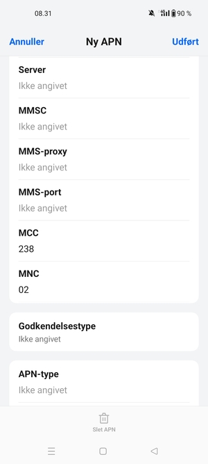 Scroll ned og indtast internet-oplysninger