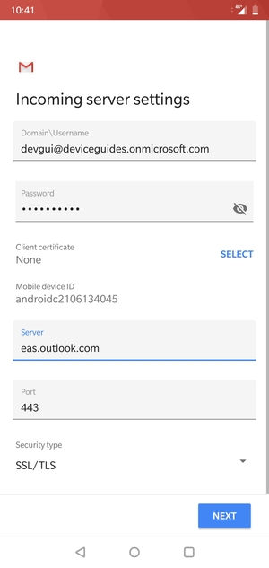 Enter Username and Exchange server address. Select NEXT