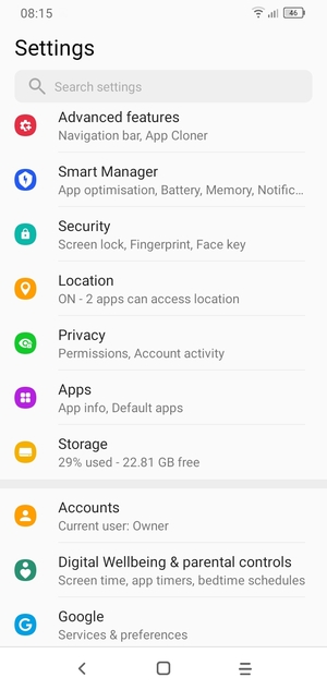 Scroll to and select Security