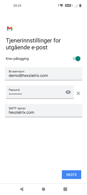 Skriv inn utgående serveradresse og velg NESTE