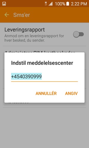 Indtast Meddelelsescenter nummeret og vælg ANGIV