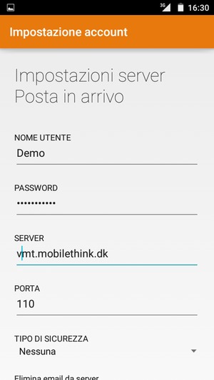 Inserisci Nome utente e l'indirizzo del server di posta in arrivo