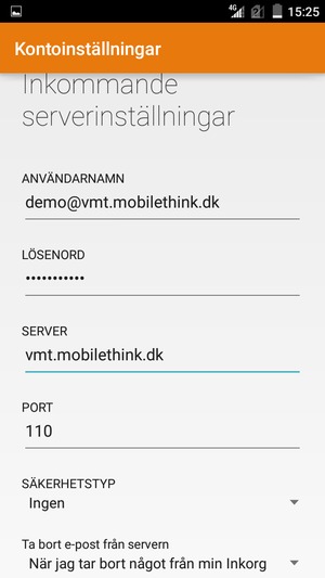 Ange Användarnamn och inkommande serveradress