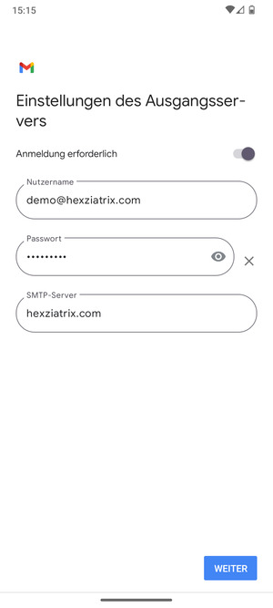 Geben Sie die Server-Adresse für ausgehende Post ein und wählen Sie WEITER