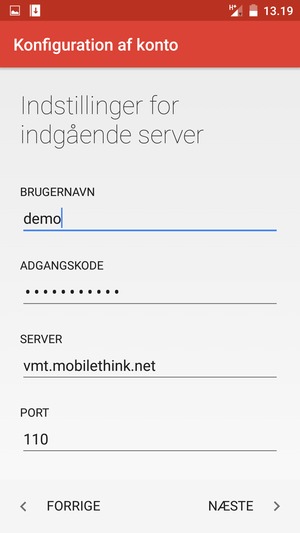 Indtast Brugernavn og Indgående serveradresse