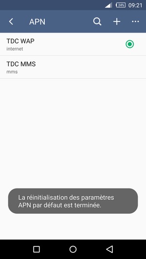 Votre téléphone va être réinitialisé avec les paramètres Internet et MMS par défaut