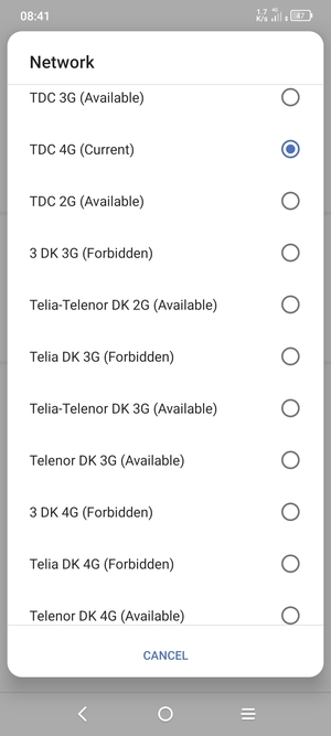 Select a network operator from the list
