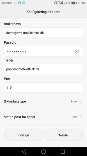 Skriv inn Brukernavn og innkommende serveradresse. Velg Neste