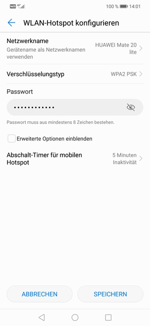 Geben Sie eine WLAN-Hotspot-Passwort mit mindestens 8 Zeichen ein und wählen Sie SPEICHERN